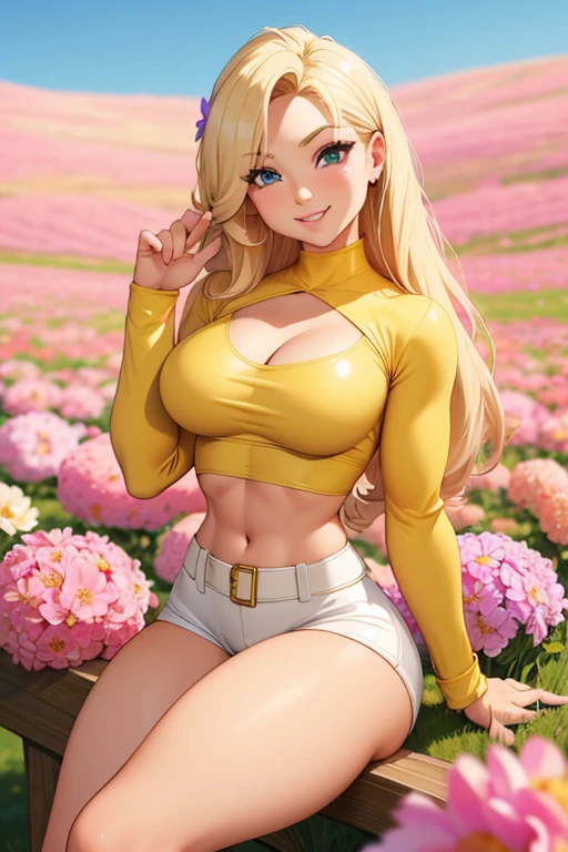 ((masterpiece)), best quality, 8k, high quality, high resolution, super detailed, ultra detailed, photorealistic, golden and finely detailed face and eyes, ultra detailed and detailed skin texture, sunny eyes, perfect face, 1 girl, radiant blonde hair, (solar attire), warm amber eyes, (golden crown), (radiant aura), standing beneath a bright sun, arms outstretched, joyful expression, ((sunlit smile)), noon, sunlit meadow, dancing wildflowers, radiant atmosphere, (bees buzzing), (gentle breeze), since ancient dawn, Solara, sunny eyes, background of sunlit meadow