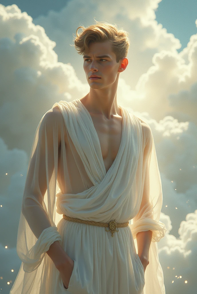 candid an full body photo of prince charming, 2 male supermodel, attractive and exotic, short white hair, a masculine appearance with slender smooth body, delicate and symmetrical face, natural olive skin tone, head up, closed eyes, inspired by Irises by Vincent Van Gogh 18, he is wrapped in classical drapery sheer pastel color fabric,The composition include mythological elements, such as a backdrop of a serene with a golden sunrise and nymphs to frame the scene.Illuminate the scene with soft diffused lighting to create a dreamlike, celestial atmosphere, capturing the delicate interplay of light and shadow on his face and body. ((full body shot)), wide-angle lens on a high-resolution DSLR camera to capture the grandeur and intricate details of the setting, while shooting from a dynamic angle to emphasize the model's majestic presence. The overall mood should blend the classical elegance of Botticelli's work with a modern, high-fashion aesthetic, producing an image that feels both timeless and contemporary, evoke the soft ethereal quality of the Renaissance style, POV, raw photo, ((masterpiece)), ((best quality)), High Resolution, (ultra_realistic), (photorealistic), (NSFW), ((Pay attention to the layer and arrangement of body and surrounding)), ((Pay attention to the body composition)), ((Correct body structure)), ((Correct distance)), romantic atmosphere, lively extremely Gorgeous background,
