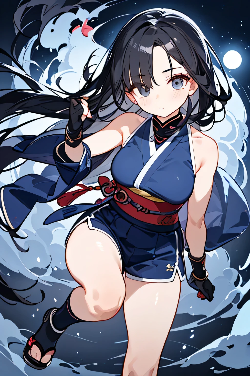 NINJA WIND,（（One Eye Concealed Hair）），Mysterious Atmosphere， natural body，long gloves，（sleeveless＋Kimono style＋shorts＝The dark blue Kunoichi costume）long socks，detailed clothes，（slender figure，marshmallow breasts ，），beautiful black hair，well-groomed face，Clear Skin，Fair skin，Japanese face，