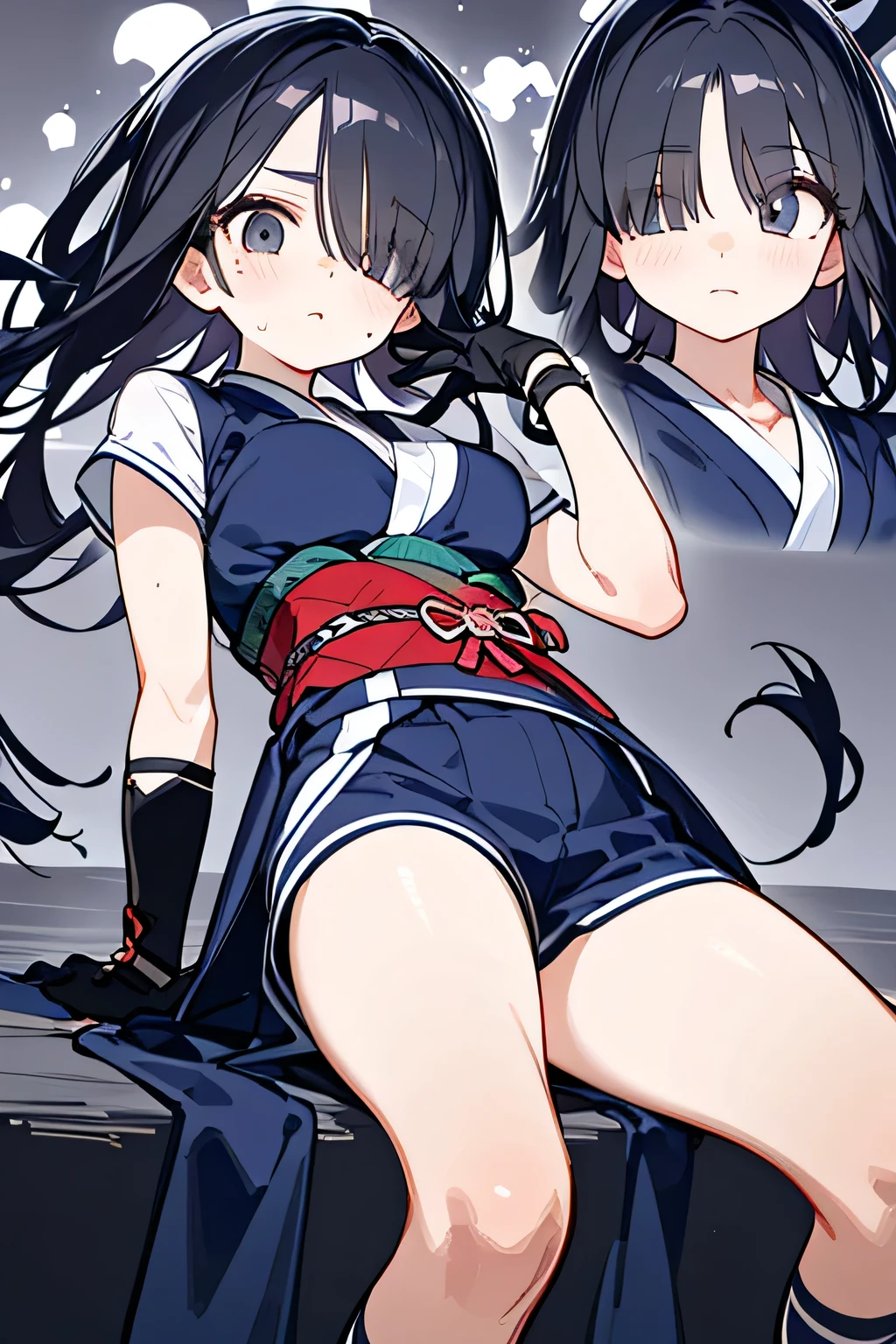 NINJA WIND,((One Eye Concealed Hair)),Mysterious Atmosphere, natural body,long gloves,(Short sleeve+Kimono style+shorts=The dark blue Kunoichi costume)long socks,detailed clothes,(slender figure,marshmallow breasts ,),beautiful black hair,well-groomed face,Clear Skin,Fair skin,Japanese face,