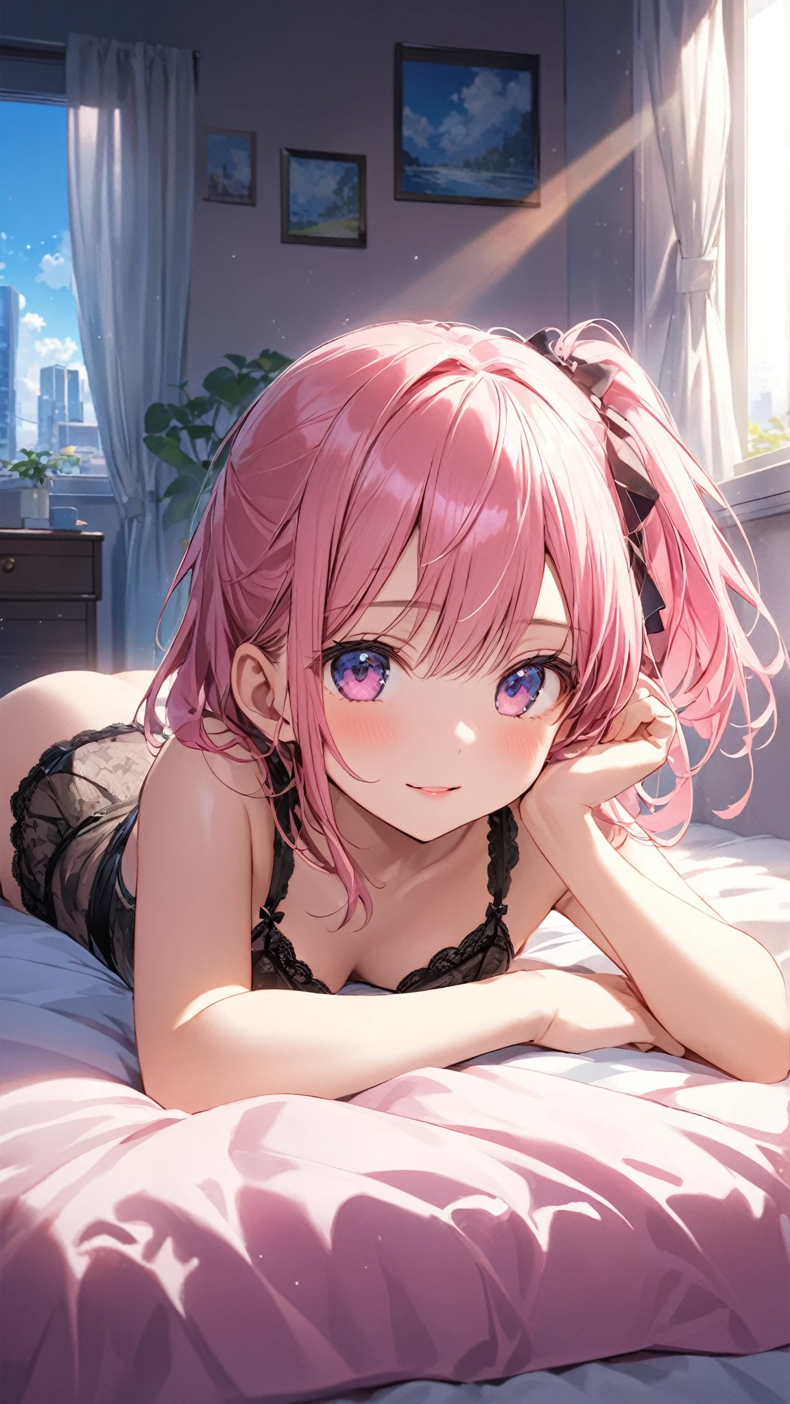 lying down view, soft and attractive, delicate collarbone, oval face, double eyelids, intelligent peach blossom eyes, pink lips, small nose, closed face, singer, stage, lights, neon, musical notes, stars...