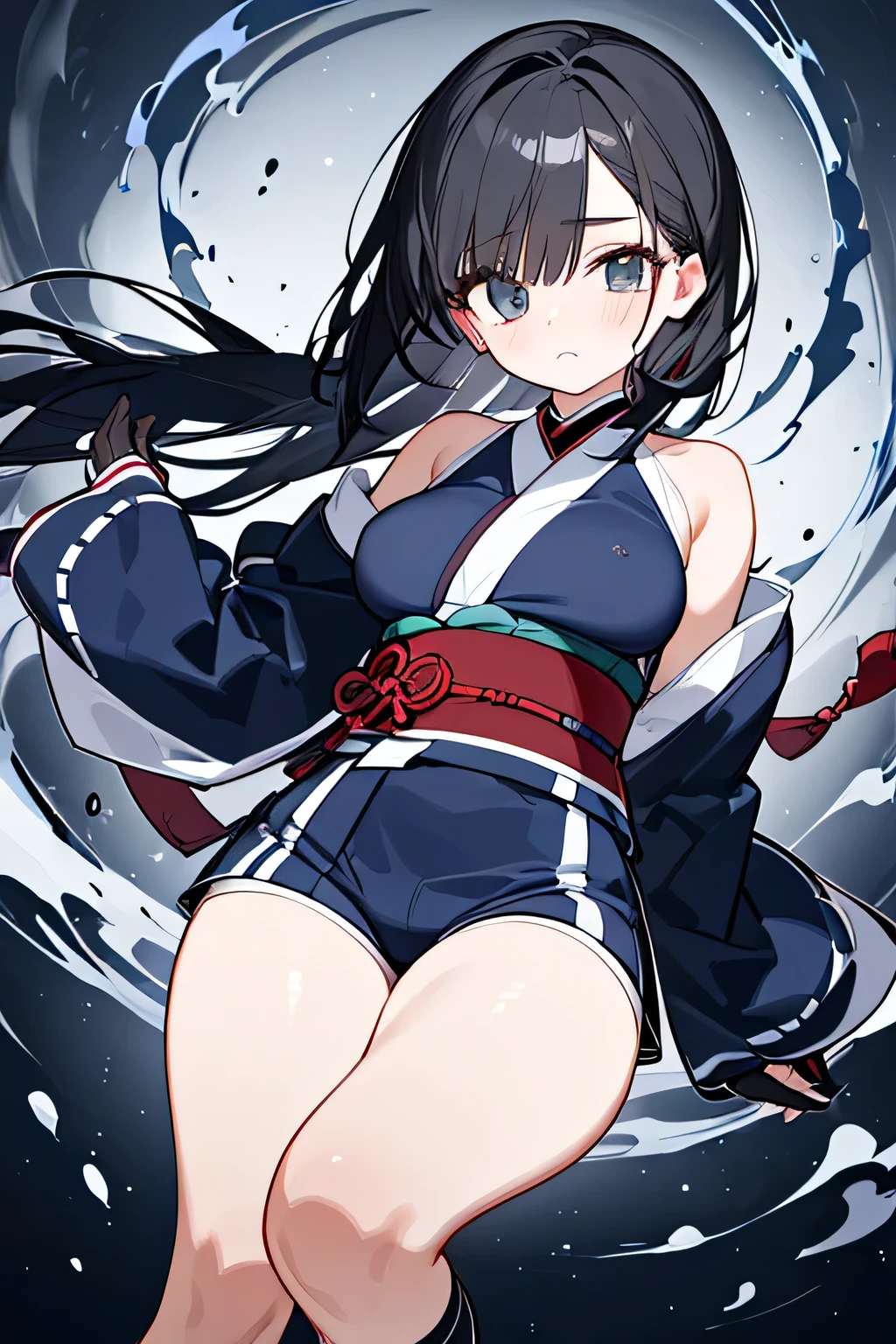 NINJA WIND,（（One Eye Concealed Hair）），Mysterious Atmosphere， natural body，long gloves，（Shoulder-length sleeves＋Kimono style＋shorts＝The dark blue Kunoichi costume）long socks，detailed clothes，（slender figure，marshmallow breasts ，），beautiful black hair，well-groomed face，Clear Skin，Fair skin，Japanese face，