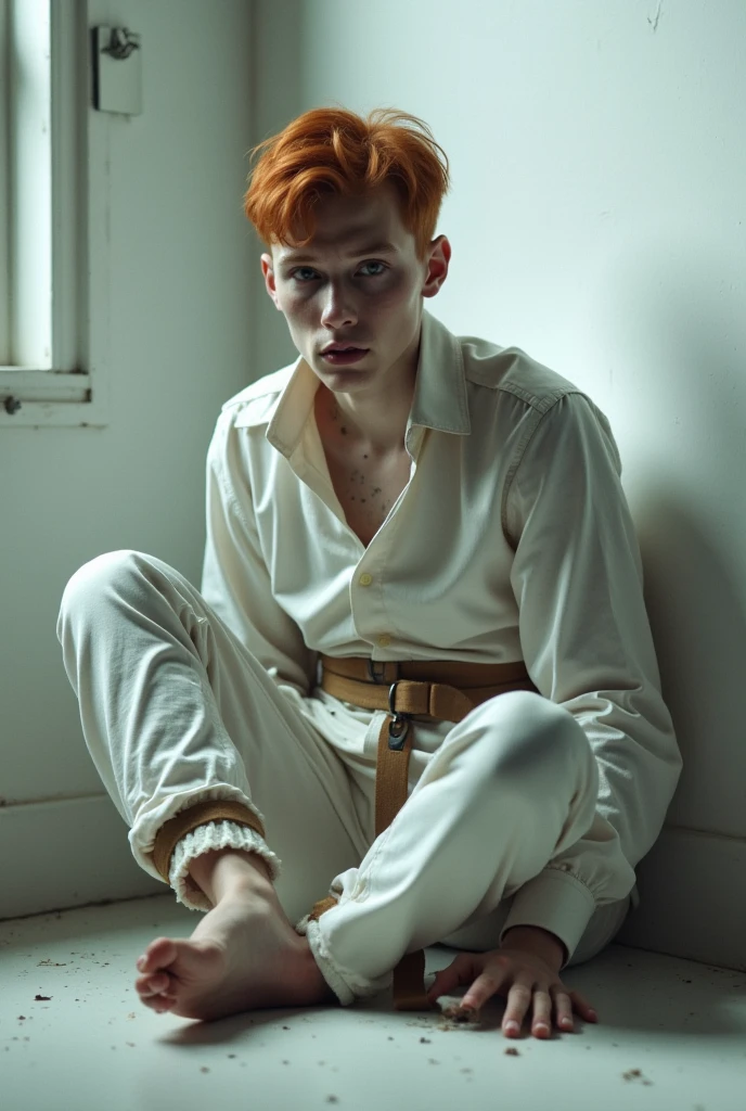 Young male character, pale skin and red hair, body with very ugly scars and tied to a chair, in a dark place 