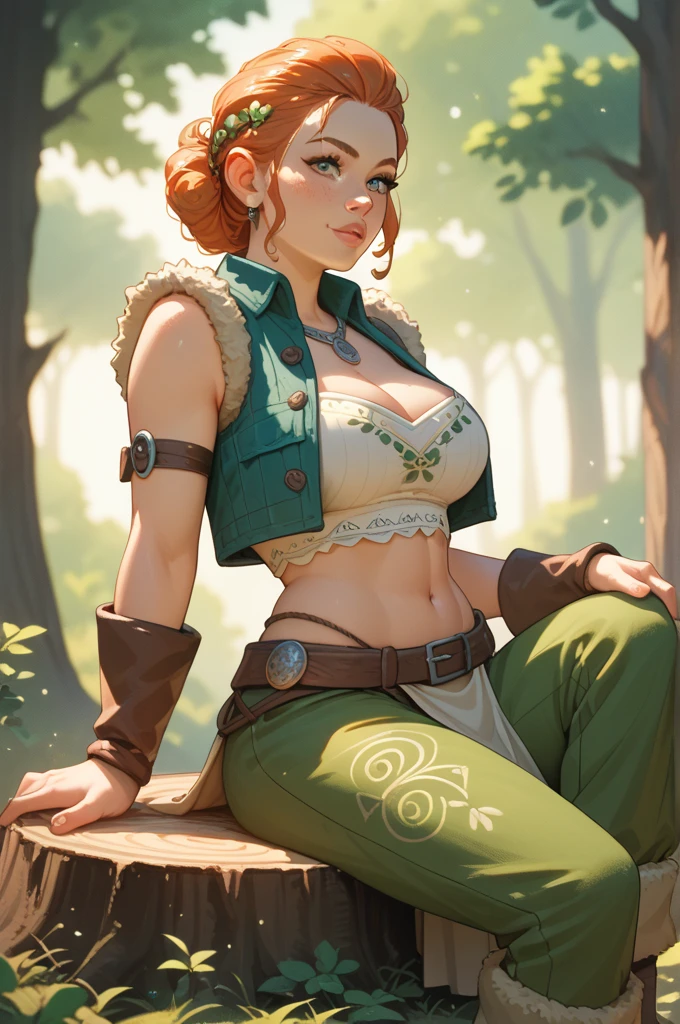 {score_9, score_8_up, score_7_up, score_6_up, 1girl, solo, focus}, {milf, athletic, blue eyes, Make-up, Earrings, blonde hair, Long hair, High ponytail, massive breasts, sideboob}, {Green outfit, original clothing, thighs, pelvic curtain, brown boots, thigh high boots}, {Back on tree, rest on tree, outdoors, open field}