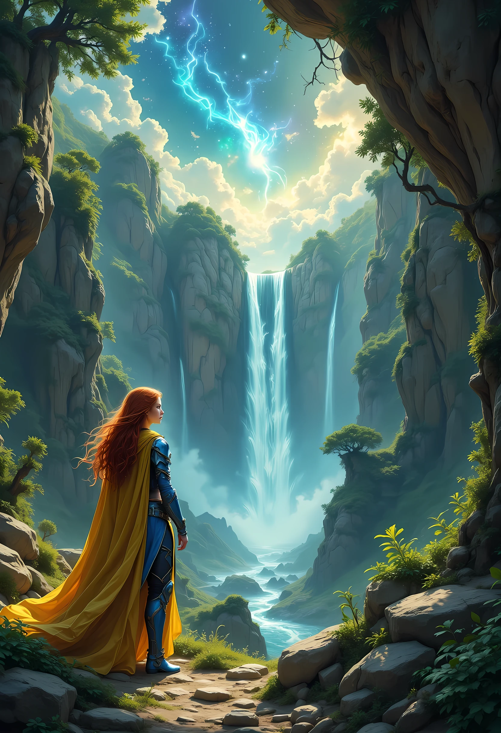 picture of druid grove in a fantasy desert canyon and its druid warden observing all, casting nature's magic, (intricate details, Masterpiece, best quality), human female druid, full body (intricate details, Masterpiece, best detailed), exquisite beautiful woman druid (intricate details, Masterpiece, best detailed), ultra detailed face (intricate details, Masterpiece, best detailed), red hair, long hair, wavy hair (intricate details, Masterpiece, best quality), dynamic eyes color, fair skin, wearing yellow cloak (intricate details, Masterpiece, best quality), blue leather armor (intricate details, Masterpiece, best quality), small cleavage, a stream of water (intricate details, Masterpiece, best quality), waterfall a fantasy desert canyon, high details, Fantasy Poster, best quality, 16k, ultra detailed, masterpiece, best quality, Photorealistic , dynamic angle, ultra wide shot, photorealistic, fantasy art, dnd art, rpg art, realistic art, an ultra wide, cinematic light, pastoral atmosphere, divine light, gods rays, hyperrealistic, Photorealistic, 16k, RAW, award winning, [ultra detailed], masterpiece, best quality, (ultra detailed), full body, ultra wide shot, photorealistic,  ArsMJStyle, Art Deco, zavy-ctcmcs, Celestial Fantasy, w1n