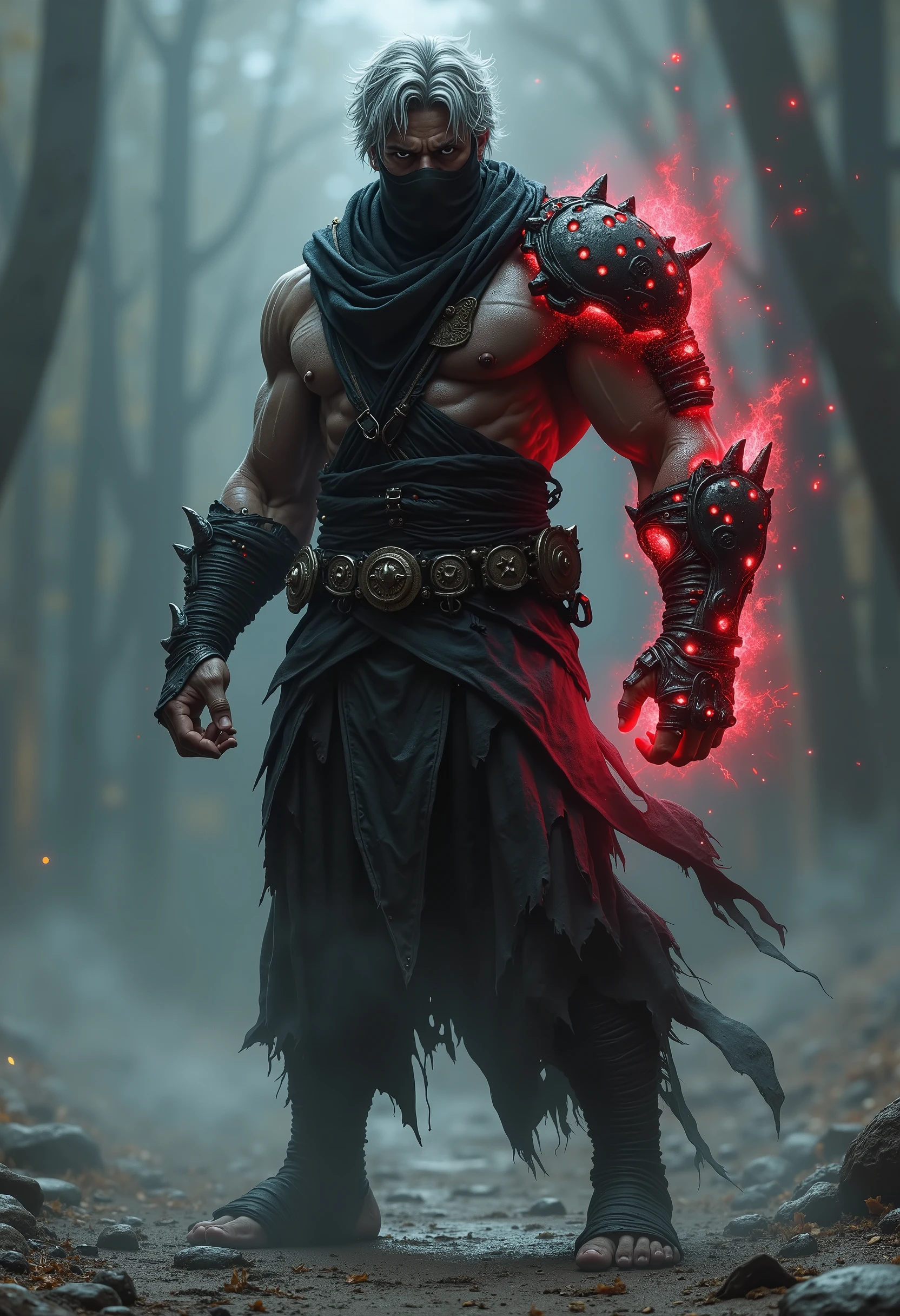 ultra realistic , Reaper of souls in a post-apocalyptic bakground facing a dark path with the determination to grow ever so strong with a tall, well-built body