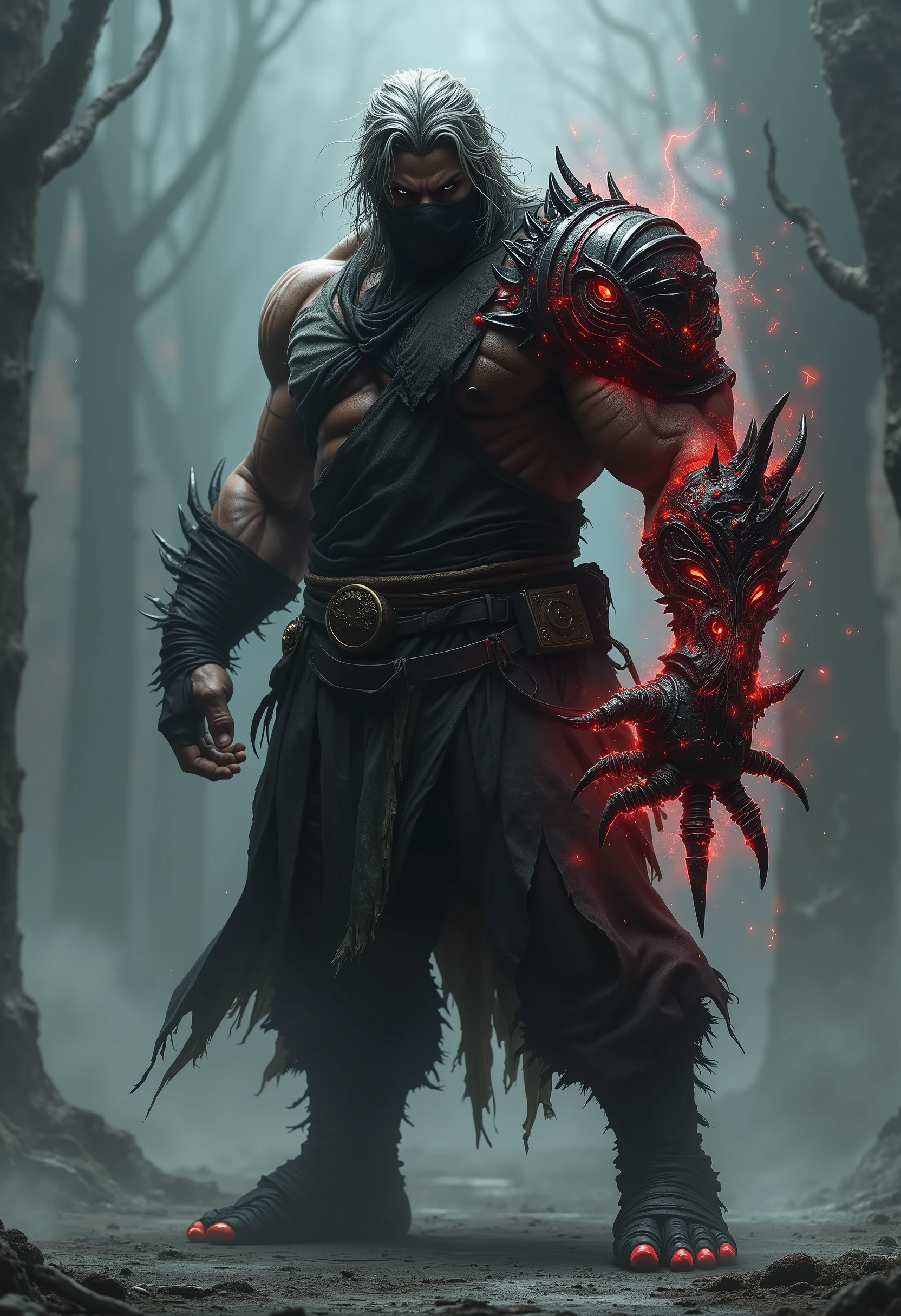 ((Drahmin)) from Mortal Kombat, ((tall hunched monstrous creature)), ((decayed and disfigured flesh)), (rotting flesh with exposed bones and sinew), ((head is covered by a spiked rusty worn metal mask with sharp spikes protruding)), thick sturdy limbs, ((wields spiked club)), ((tattered torn fabric)), wraps, 1man, solo, full body view, intricate, high detail, sharp focus, dramatic, photorealistic painting art by greg rutkowski