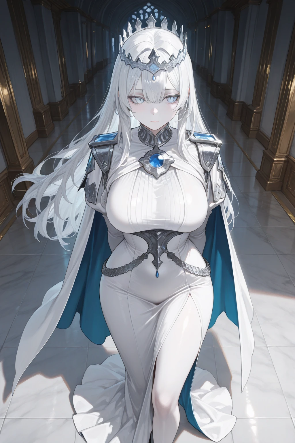 [POV: She is walking towards you, you are tresspassing] Milf, Female Archmage, Crystal Archmage, Crystal Magic User,  High ranking female mage, wearing white cloak, dark fantasy, OC, mature, dark and realistic, human, Lawful Good, Light blue hair, humble, serious look, eyeliner (Castle walls, walking towards you)
