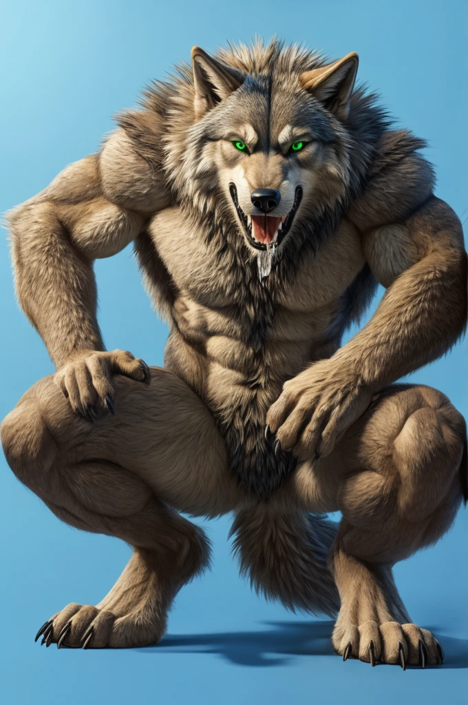 Perspective from below wolf naked male furry legs apart looking down blue background squat pose green eyes serious look claws on knees fluffy tail scars growling salivating