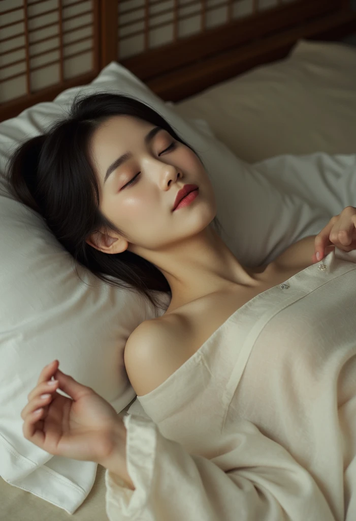 One girl, Surrealism, high detail, movie lighting, Ray tracing, perspective, Shoot at eye level, ultra high definition, masterpiece, White skin, 4K, Best quality sexy open mouth and closed eyes in pajamas on the bed, Expression of pleasure, bit the lip