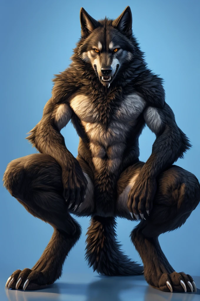 Perspective from below wolf naked male furry legs apart looking down blue background squat pose green eyes serious look claws on knees fluffy tail scars growling salivating