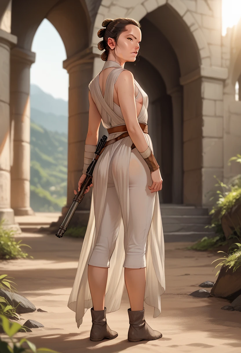 Daisy Ridley face 8k resolution, masterpiece 1.3, Ultrarealistic face, slim athletic physique, small flat breasts, round ass, tight round Buttocks, cameltoe, sweaty body glistening skin, dirt covered around her body, torn skimpy clothes; "Locked in a small, dimly lit cell, Rey sits on the cold floor, her back against the wall. Her clothes are tattered, and she has a look of weary resignation as she contemplates her next move."