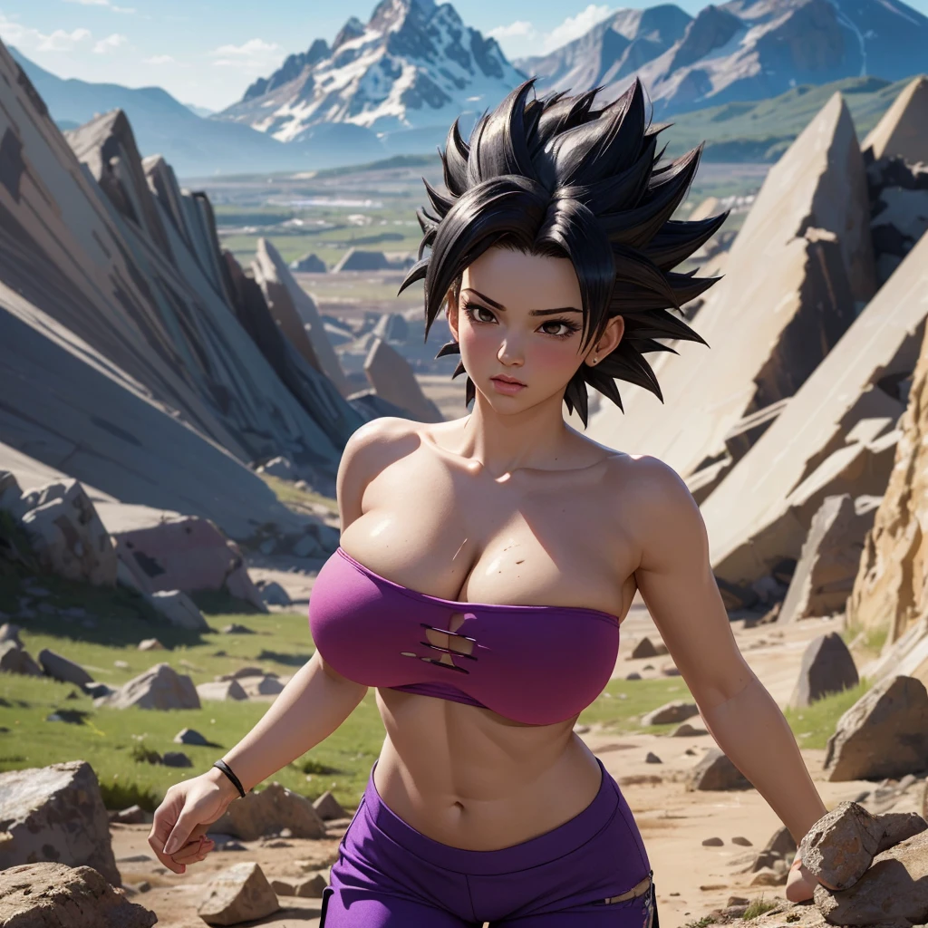 Face Videl from Dragon Ball Z. She is wearing a wedding dress. She is in Paradise.
