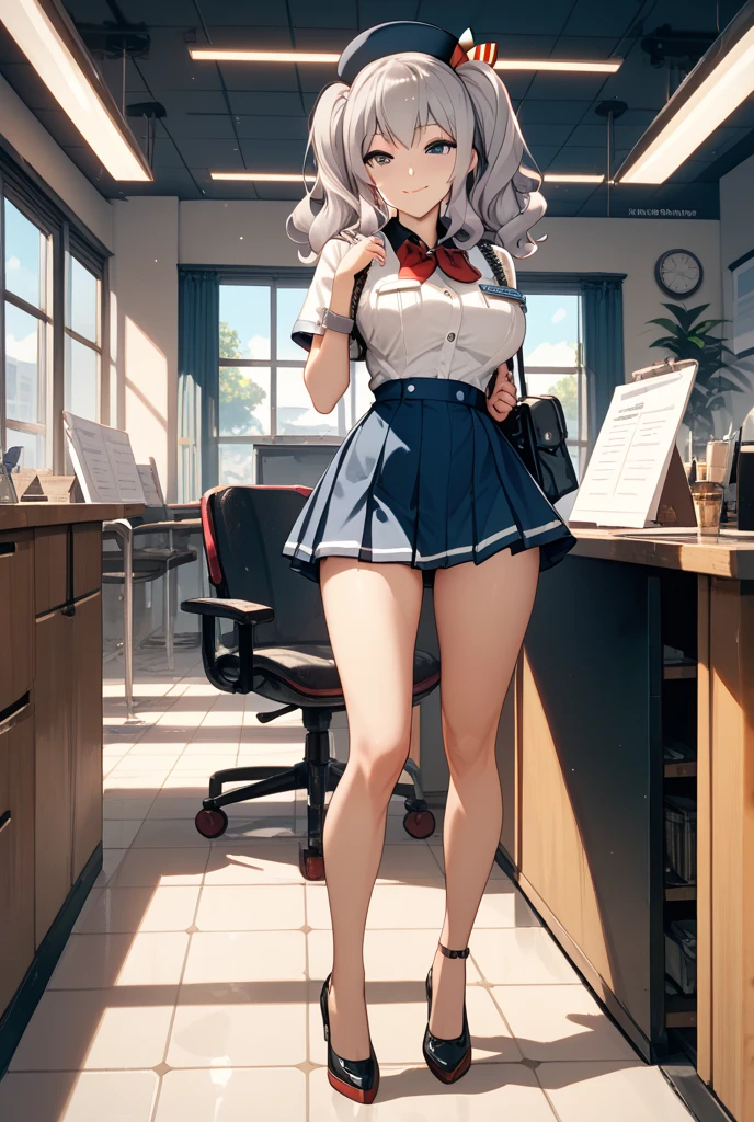 highest quality, Flying debris、Azur Lane Ayanami、Beautiful woman、officeレディー、Black Hair、(Brown eyes、Big Breasts)、short hair、チェック柄のダークブルーのofficeスーツ)、new employee,Full Body Shot、Female office lady、break(Dark blue checked vest、White dress shirt、Navy blue mini tight pencil skirt:1.2)、(Black knee-high、Absolute area、High heels)、break(office:1.3)、Cleavage、Unbutton your shirt、blush、Embarrassed、Troubled face、The skirt is torn、Lift up the skirt、Standing posture