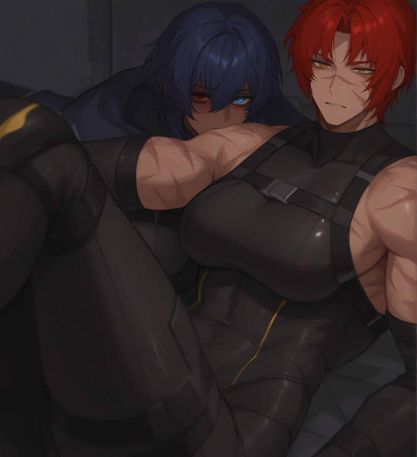 ( Shark, furry, anthropomorphic), female, bedroom background, inside, wearing tight black booty shorts, wearing tight black thigh highs, wearing tight black bra, Furry art, furry arms, big grey shark tail, Big floofy tail, black fur legs, (blue skin, whole body, Best quality, human like body figure), Noon, blue hair, wearing glasses, Bigger thighs, Bigger chest, blushed, gas air effect, hearts, sitting on lap, leaning down, kissing, ecstasy, (Wolf, furry, anthropomorphic), male, wearing black jeans, no shirt, Furry art, furry arms, big Floofy tail, black fur legs, (Black fur skin, whole body, Best quality, human like body figure), black hair, wearing boots, laying down, on bed, 1 hand on females chest, 1 hand between females legs, gripping females bra