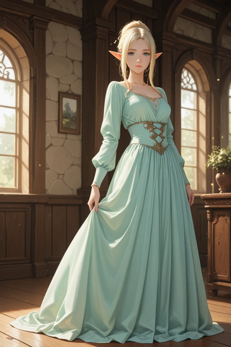 medieval fantasy, delicate and slight young diviner, short, , boyish charm, youthful appearance, ethereal grace, pale skin, large expressive green eyes, look of vulnerability and curiosity, sandy blonde hair, hair over eyes, shy, nervous, timid, simple yet elegant wizard clothes of muted colors, favoring soft blues and greens