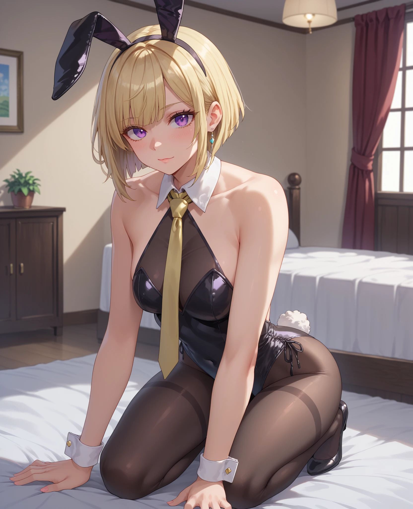 (best quality), (masterpiece), 1080p, hd, 4k, 8k, pretty face, beautiful, pretty hands, incredible, beautiful eyes, blonde haired girl, medium breasts, long eyelashes, full body, blue eyes, perfect legs, bunny girl suit black heels, bun tied hair, death stare, scary stare, nsfw, thick thights, stockings,