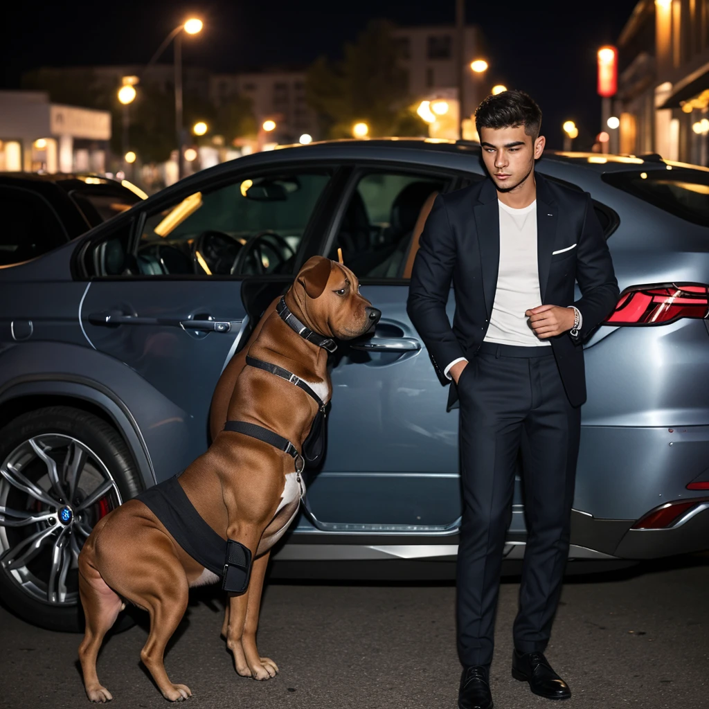 Image of a very muscular cute puppy in the rain, who is happy and lifting a car on the street