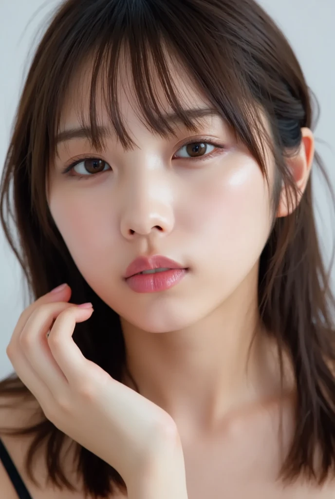 Browsing Caution、Highest quality、8k、No makeup、masterpiece、クリアなphotograph、Ultra-high resolution、Realistic、Professional Lighting、Natural light、photograph、smile、Ultra slim、Delicate body、very cute、The cutest Erina Mano、Idle class、white肌、(Small breasts:1.8、Small breasts、Flat Chest:1.8、Hide your nipples)、whiteTPut on a shirt:1.8、Lean forward:1.6、Her cleavage is visible:1.4