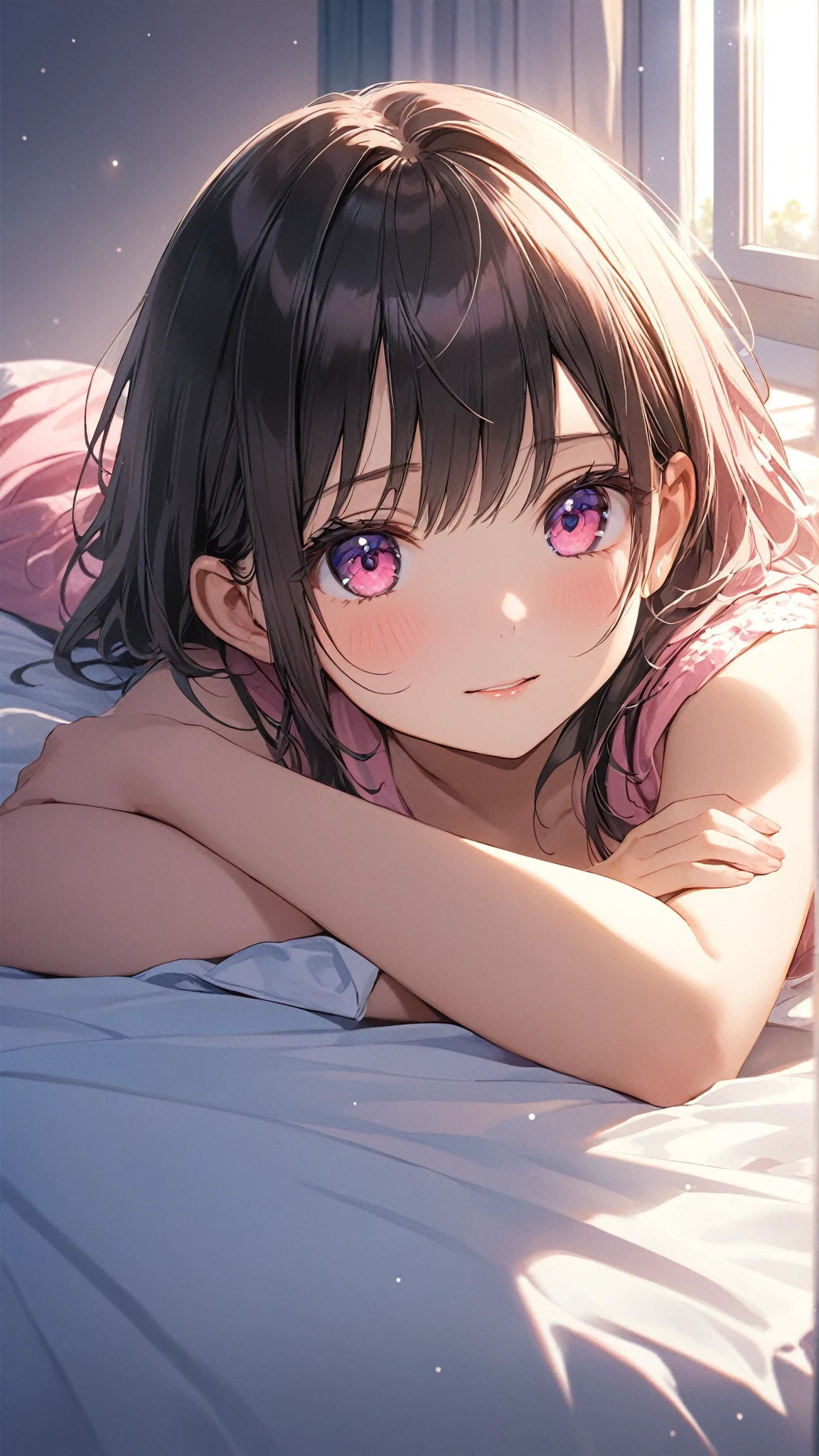 very cute girl、dark brown hair、bob cut、short hair、Violet eyes、smile、Crystal clear white skin、pajamas、Pretty Girl's Room、bed、Audience perspective、golden time light、bokeh perspective、detail、movie light lamp light、複雑なdetail、High resolution、 Detailed facial feature design、High data、clear focus、smoothness、aesthetics、Print、octane rendering、{{masterpiece}}