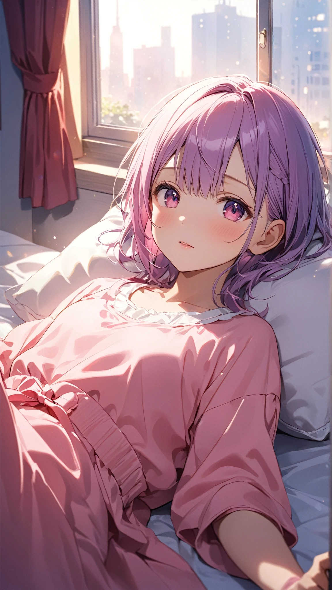 a 19 yo girl , (( Light Pink Hair:1.5)), (hi-top fade:1.3) , dark themed , Muted Tones , Subdued Color , highly contrast , (natural skin textures , Hyper-Realism , Soft light , sharp) , (((Lavender Purple) pijama:1.5)) , ((Vista Blue) pijama) , ( (Pink Lavender) shaped of pijama ), ((Sky Blue) hair tie) , (((shoulder-length hair)) , (tie hair up) , (bright orange eyes:1.5) , (beautiful detailed eyes), focus on the face  , full head  , ((Lazy emotion:1.5)) , ((bedroom background)) , random cute pose , (lay on bed:1.5) , ((random shot view))