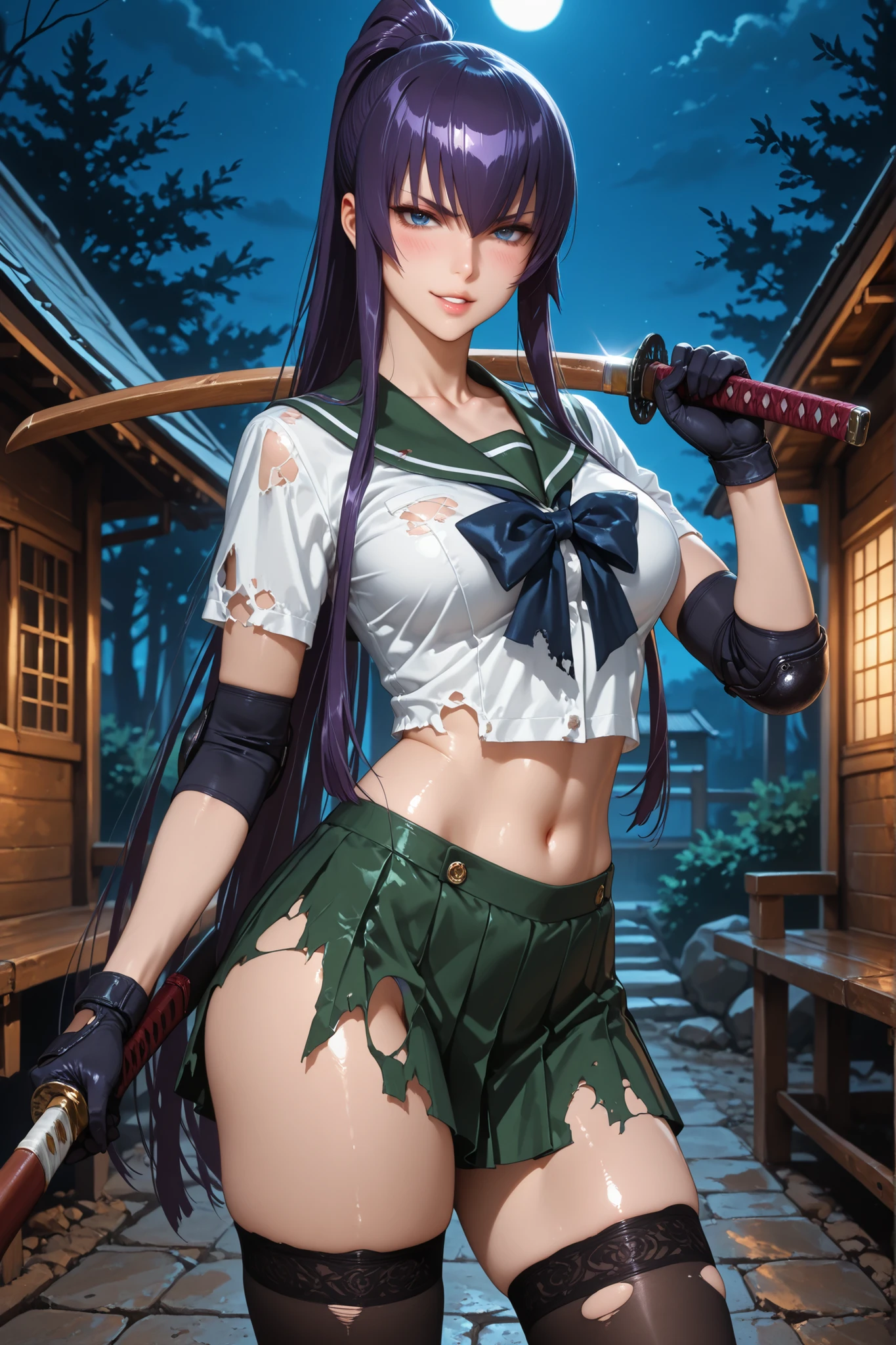 1girl, busujima saeko, thighs, parted lips, torn clothes, sheathed, blue eyes, elbow pads, bokken, holding sword, school uniform, gloves, shiny skin, collarbone, , blush, , long hair, sword, serafuku, very long hair, katana, skirt, holding weapon, legs, lips, ponytail, weapon, thighhighs, navel, standing, cabin, night, looking at viewer, attractive, cute, pretty, ,  pose, dynamic pose, sensual smile, best quality, masterpiece, ultra detailed, very aesthetic 