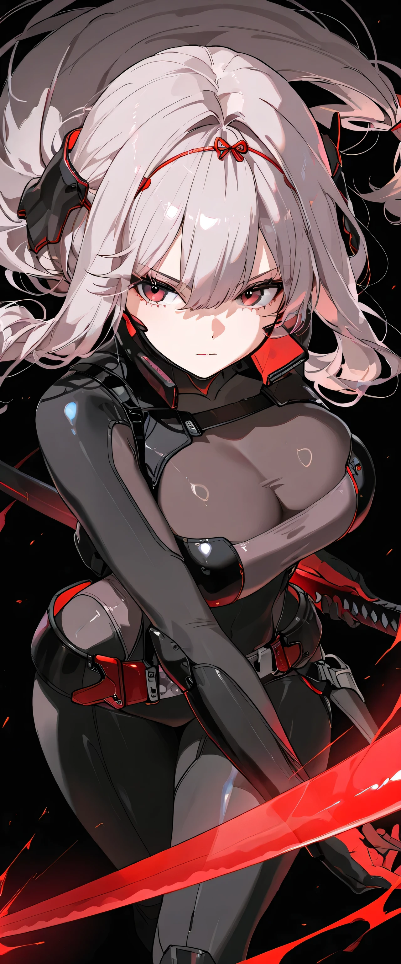 1girl, white hair, very short hair, red eyes, serious, glowing eyes, large breasts, thick thighs, athletic female, toned, leotard, black leotard, thighhighs, belt, knife, knifes, pantyhose, black pantyhose, hood, hood up, hood on, black hood,
