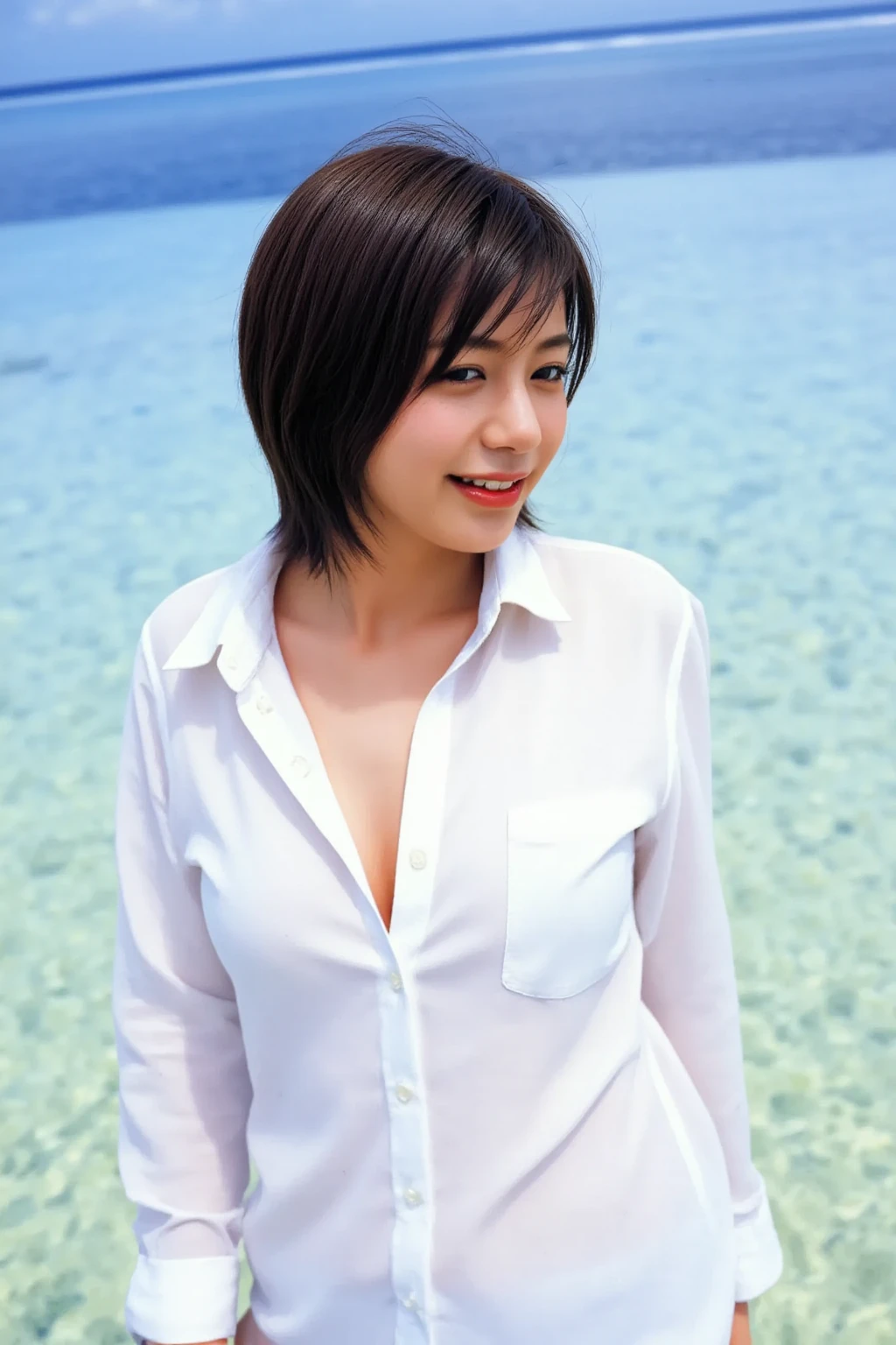 (((One girl,alone))),(Highly realistic photos, High resolution, Detailed face, Beautiful Eyes) Japanese women, 21 years old, Cute face, alone:1, Nice body, Plump figure, Medium chest, ,Hairstyle,  Take a photo book,Blade Runner,shirt、Healthy Body,smile,Thighs
