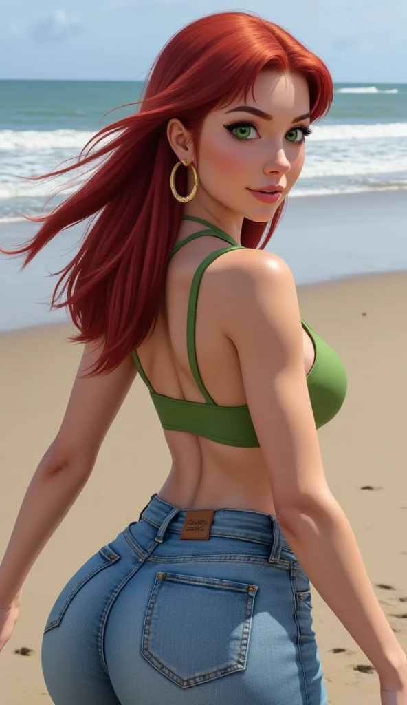 masterpiece, best quality, extremely detailed, hyperrealistic:1.1, photorealistic, cinematic light, a pretty french model, portrait, ultra detailed face:1.2, pale skin, orange hair, green bikini, shoulder tattoo, denim shorts, in the sunshine:1.1, on detailed yacht, sea, standing, laughing