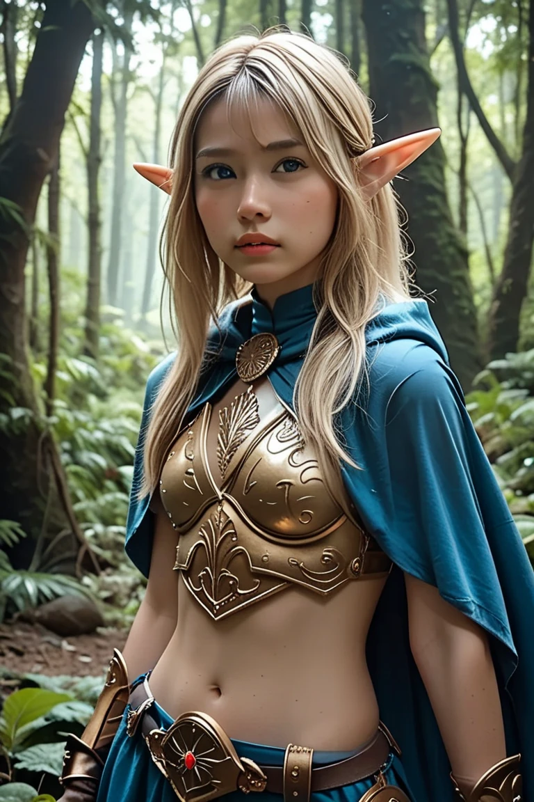 NSFW, Masterpiece, a beautiful elf knight, Courtney Eaton,bright Eyes, by rubio, wide shoulders, strong body, Pale skin with lots of detail and light freckles., high detailed filigree elf armor, outside, (skin texture:1.1), Best Quality, ultra high resolution, photo and gross, Nikon D850, backlight, rim light, bright sunlight, film grain:1.2, (warm tone, warm tone:1.2), (color photo), fantasy castle background