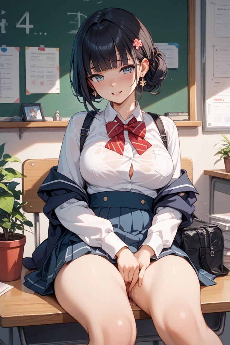 (top-quality、in 8K、32K、masterpiece、nffsw、超A high resolution、Impresionismo、Photorealsitic:1.2)、Colossal tits、cowboy shot, detailed faces and eyes、 Inside the classroom、Schools、Evening glow、beauitful face、blurry backround、16-year-old beautiful girl、shinny skin、short-hair、Beautiful blue hair、Blunt bangs、Black eyes、(Katyusha:1.2)、Open Navy Blazer、White blouse、Red checked tie、Grey Check Pleated Mini Skirt、Curve、Stand on one knee、(The skirt is flipped up and pink panties are visible:1.2)、Smile with open mouth、Opening legs