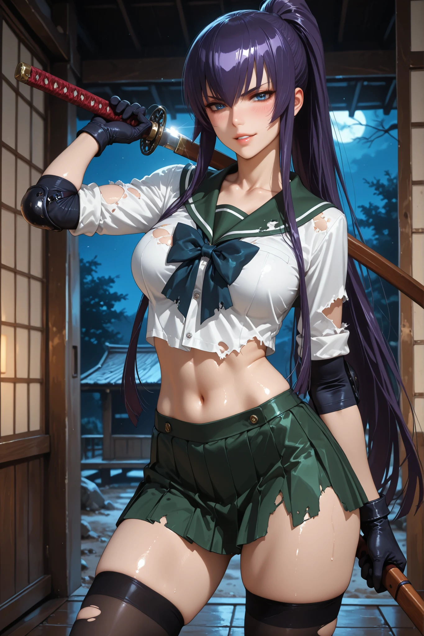 1girl, busujima saeko, thighs, parted lips, torn clothes, sheathed, blue eyes, elbow pads, bokken, holding sword, school uniform, gloves, shiny skin, collarbone, , blush, , long hair, sword, serafuku, very long hair, katana, skirt, holding weapon, legs, lips, ponytail, weapon, thighhighs, navel, standing, cabin, night, looking at viewer, attractive, cute, pretty, , pose, dynamic pose, sensual smile, best quality, masterpiece, ultra detailed, very aesthetic