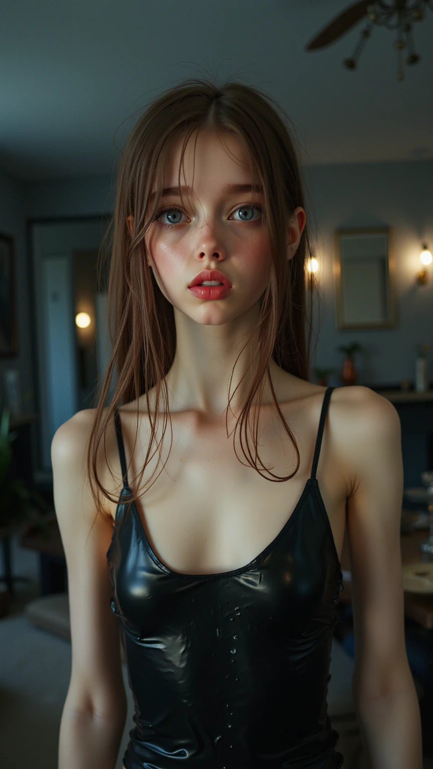 1 girl in, edad19, Alone, aesthetic work, irish redhead, ginger wavy hair, shoulder length red hair, grey eyes, light gray eyes, some small freckles, pale skin, A-cup, small breasts, running corps, detailed skin texture, in a dark basement, looking at the viewer, (Extremely detailed 8K wallpaper), harsh lighting, high quality, film grain, Fujifilm XT3 Sharp Focus, F 2.6, 135mm, high detail, sharp focus, (ambient light), choker, shackles, (Neon Pink Rubber Latex Micro Bikini:1.25), neon pink rubber latex gloves, crazy details, complex details, hyper detailed