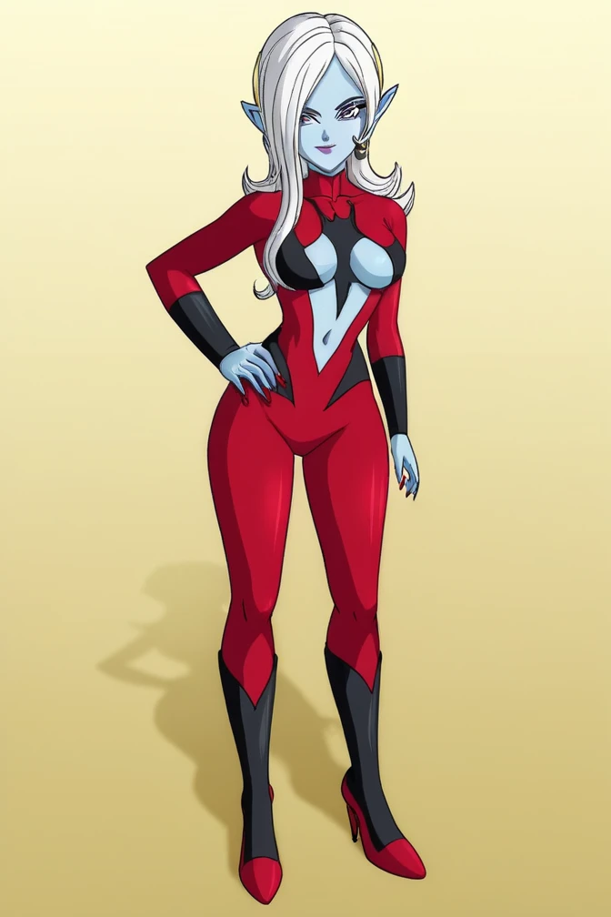 Joe Madureira Style, 1girl, solo, long hair, large breasts, gloves, burlesque, cleavage, bare shoulders, jewelry, green eyes, white hair, earrings, shimmering elbow gloves, thick lips, hands on cocked wide hips, makeup, muscular, detached sleeves, lipstick, cyberpunk, old woman, angelina jolie