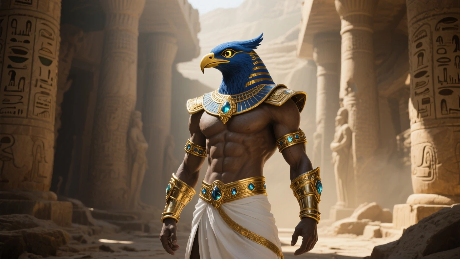 (((God HorusHawkeye's Head)))Better quality, Ultra-high resolution, 4K Detailed CG, Masterpiece,Horus,Egyptian God,Egyptian God话,Egyptian God庙,Bird Head,Blue and white feathers,Egyptian clothing,( (Blue Eagle Head)),desert,Aesthetic, Beautiful images, In the center of the screen