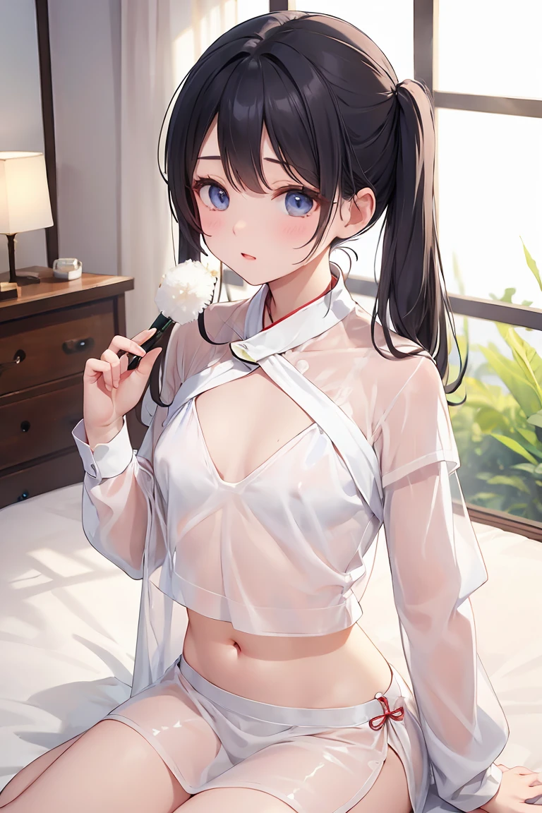 highest quality、Realistic、female、zoom、Orange Eyes、Short black wavy hair、Tempered body、lingerie、Change of clothes、A suit left behind、A discarded shiny white bodysuit、Blue and gold accents、slender、Dark Skin、smile、Bedroom at night、Bust Shot、