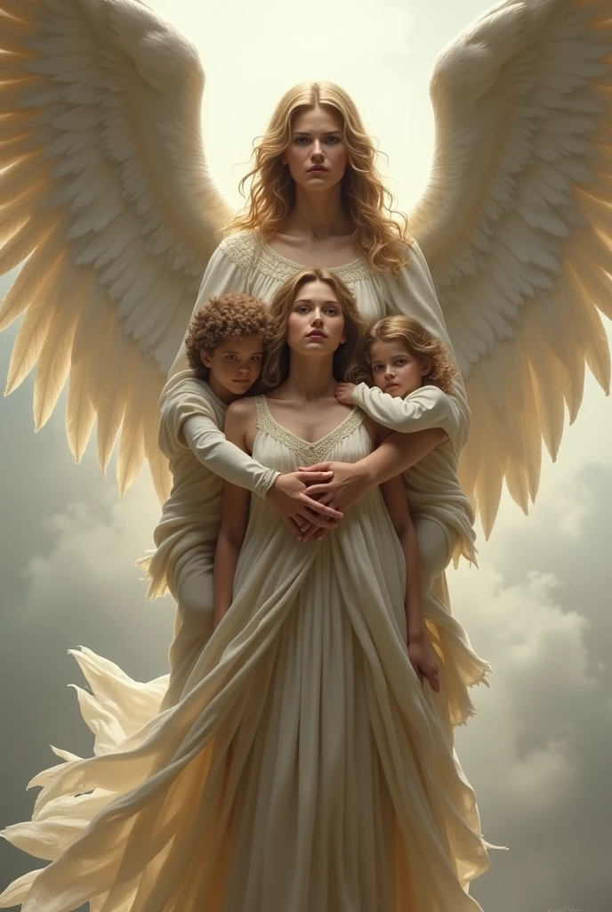 A very beautiful angel cradling children gently in a city ravaged by war.