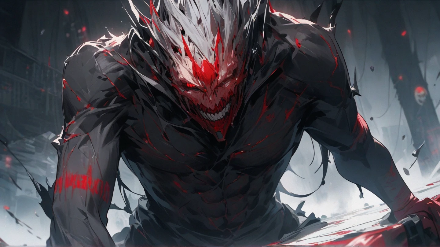 A psychopath. red-eyed. Grinning.