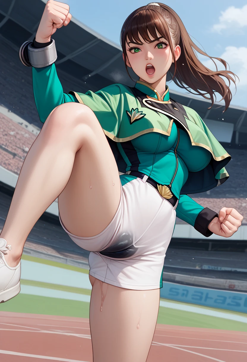 A girl with short light brown hair, dark green eyes, and cute breasts., sportswear