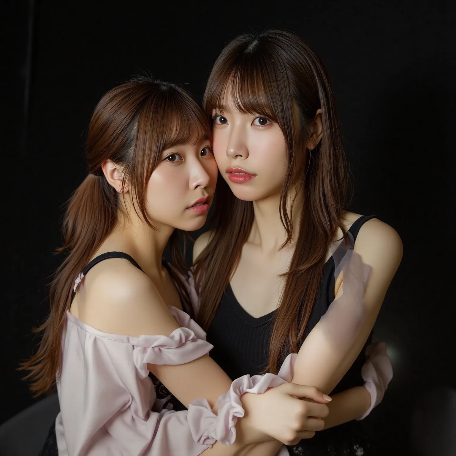 2 girls, kissing, is touching, hands on breasts, tongue out