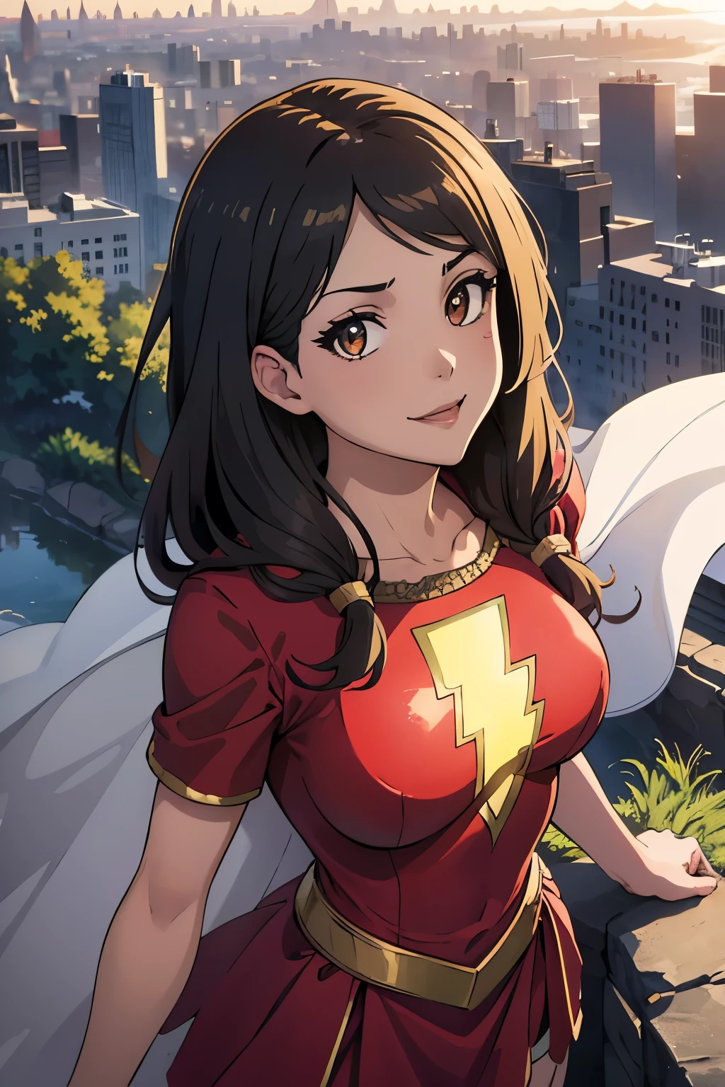 best quality,masterpiece,looking at viewer,absurdres,1girl,score_9,score_8_up,score_7_up,source_anime BREAK mary marvel, white cape, red dress, red skirt, short sleeves, bracer, large breasts, smile, looking at viewer, blue sky, clouds, cityscape, (flying:1.4), upper body, from above, fist, evil smile,