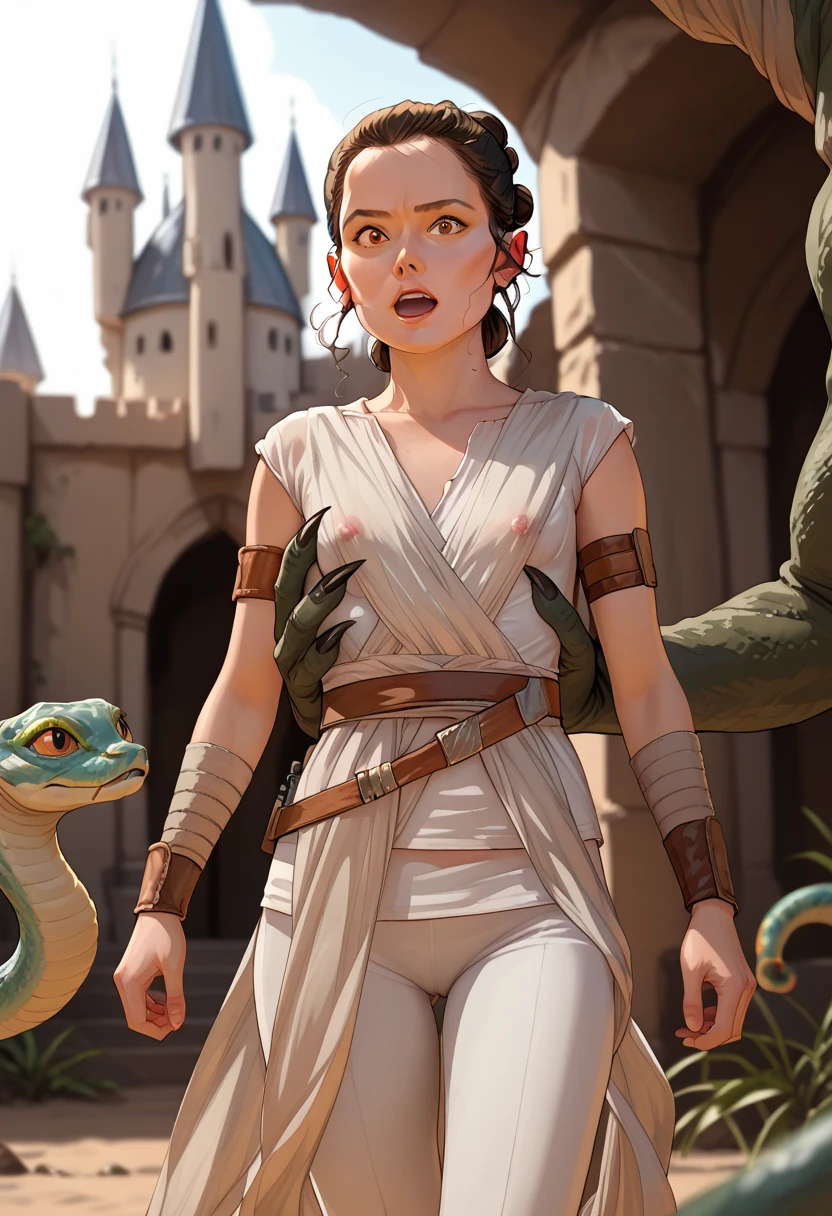 Rey, brown hair, brown eyes, natural small breasts, trim pubic hair, BREAK, see-through sleeveless, see-through jedi, see through white cloth, BREAK, surprised, sexy pose, being groped squeezed and molested by, BREAK (1male) jabba the hutt, monster, snake, orange sclera, dark green and brown colored skin. size difference, excited, hungry lusty, BREAK, outside a deserted medieval castle, BREAK, masterpiece, dramatic lighting, highly detailed, depth of field #Rey-Raine-00