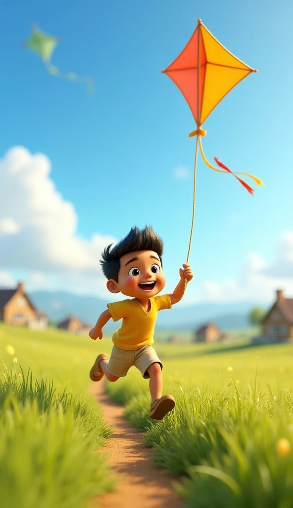 Leo,  brave boy, short, brown, joyful, yellow simple shirt, beige short pants, running with kite string, open village field with distant houses and blue sky, 3D Pixar Animation Style.