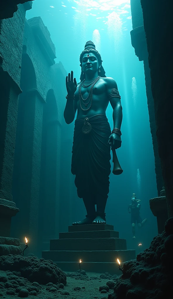 Create a realistic photo of lord Gopal standing on flood of Bangladesh with sad feelings for the people of Bangladesh.