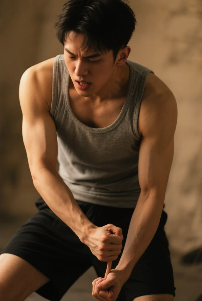 From upper camera angle. Hands are back from the body and body taking support from hands. Hyper realistic, Arafed 25 Korean man, white skin, muscular body, sitting on wooden floor of living room with black cloth background. Legs are wide open in a cross legs with big dick highlighted from full gray gym pants. hands are also wide open taking support from floor , black eyes.