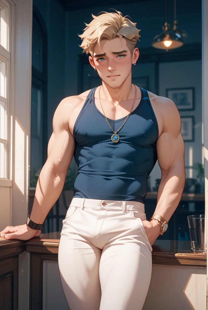 Realistic 8K image of a young 15 year old male, blond, strong, short hair combed back, blue eyes, dressed in a black tank top, and black sweatpants, in a simple and dark room, winter morning, art style anime