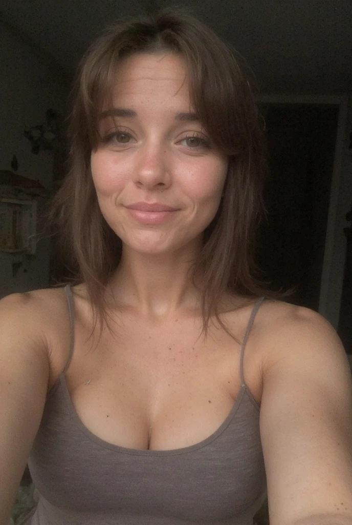29 year old Brunette, small tits t-Shirt no bra outside selfie front facing
