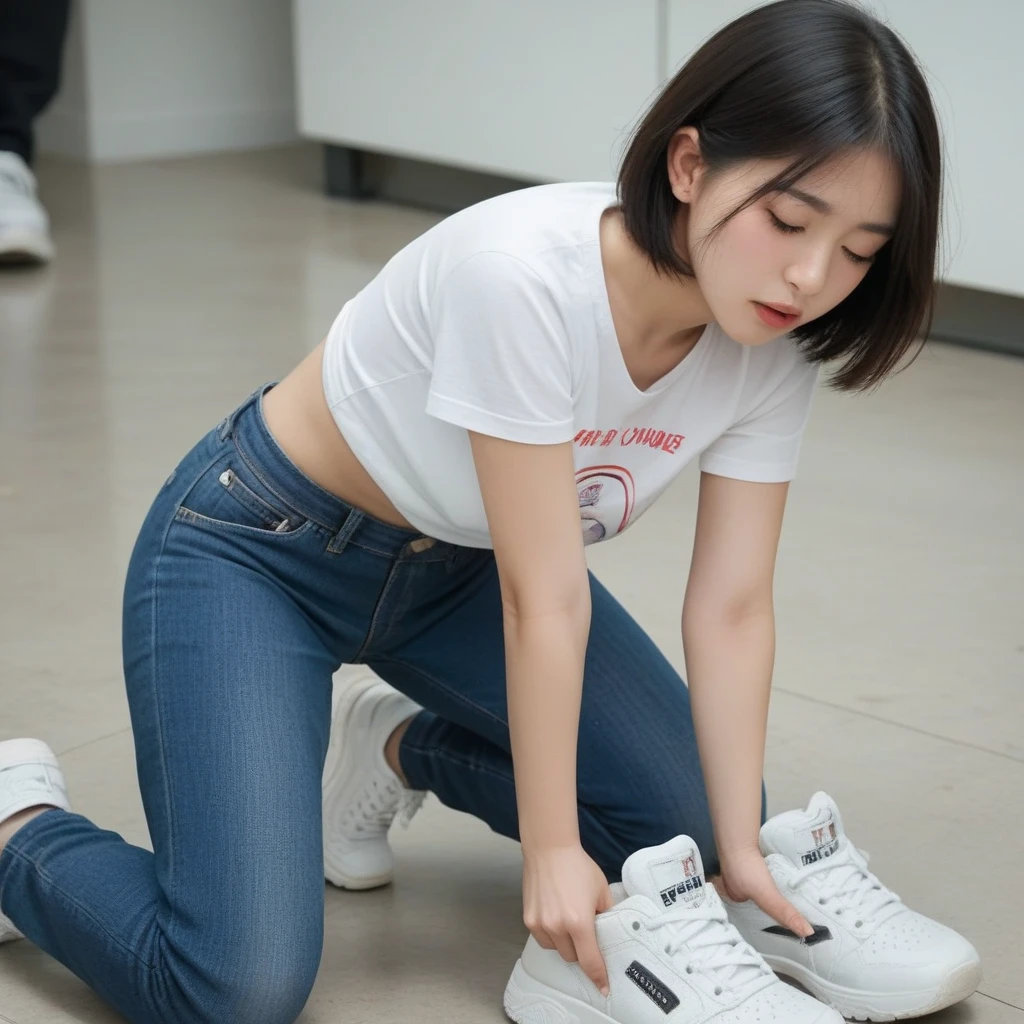 One person, tshirt、On all fours