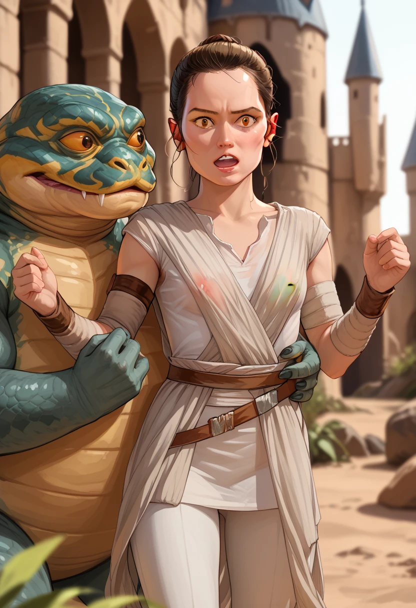 score_9, score_8_up, score_7_up, score_6_up, 1girl, rey skywalker, open mouth, green alien, tentacle, huge alien bondage, tentacles over body, restrained, arms up, hands tied up, clothes, tear up, angry look, closed eyes,