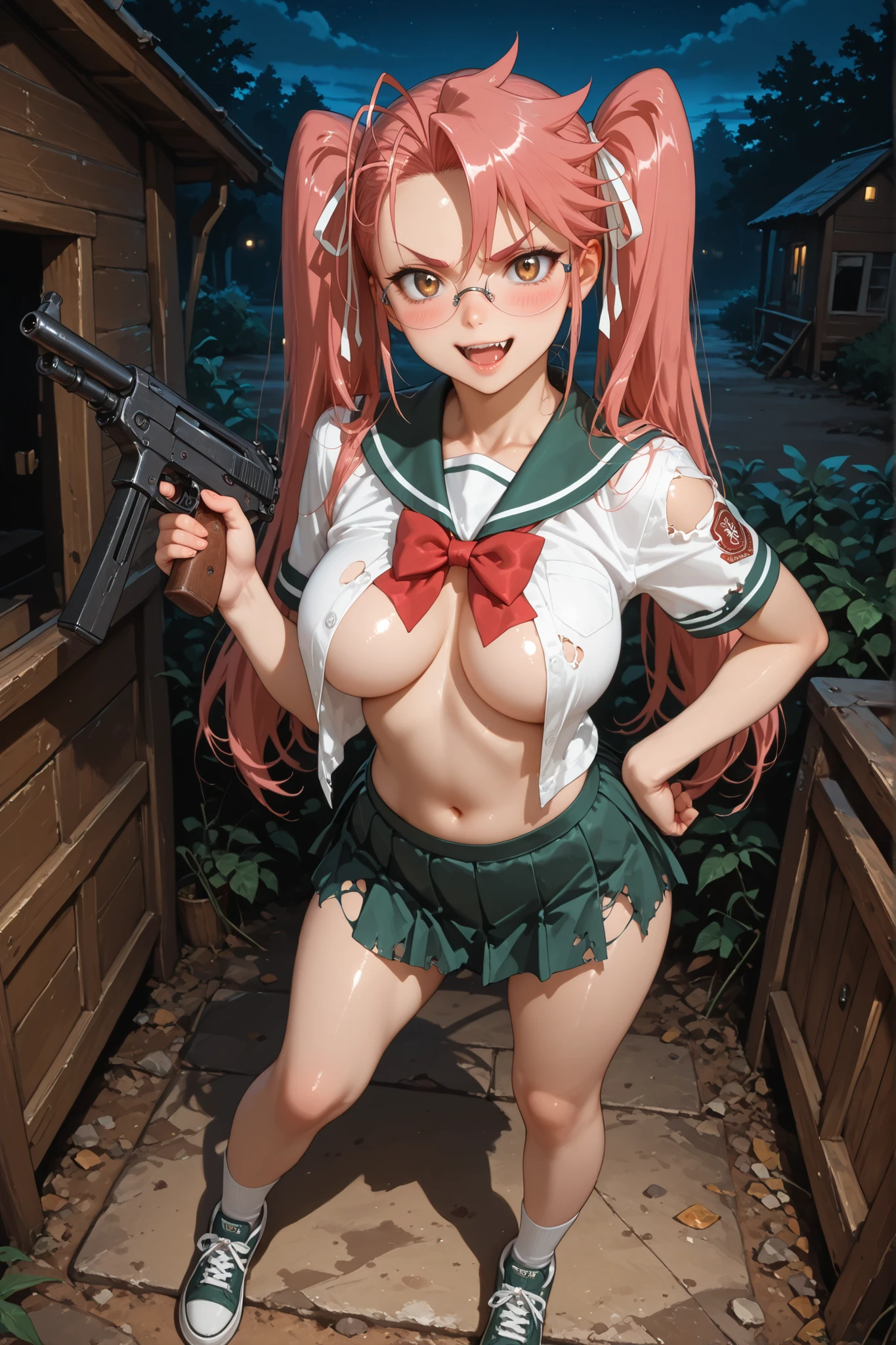 1girl, takagi saya, bow, luger p08, rimless eyewear, school uniform, legs, fang, glasses, tongue, open mouth, open shirt, v-shaped eyebrows, hair ribbon, antenna hair, impossible clothes, handgun, underwear, serafuku, teeth, navel, blush, lips, long hair, miniskirt, sneakers, thighs, skirt, shirt, ribbon, torn clothes, shorts, pleated skirt, twintails, gun, submachine gun, white ribbon, shoes, striped, socks, weapon, shiny skin, forehead, hand on own hip, standing, cabin, night, looking at viewer, attractive, cute, pretty, sexy, sexy pose, dynamic pose, sensual smile, , best quality, masterpiece, ultra detailed, very aesthetic